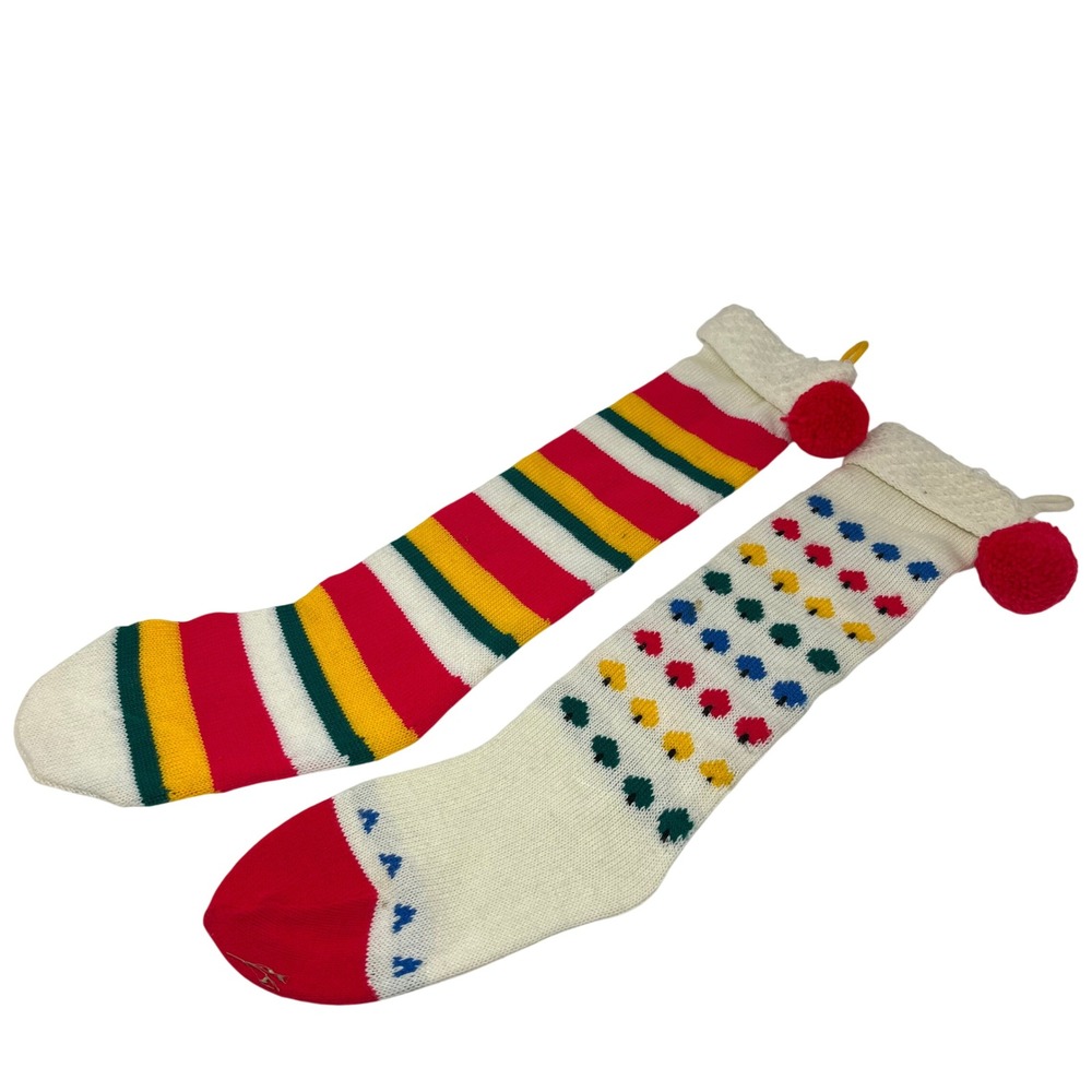 Vintage Hand Knit Christmas Stockings Set of 2 Striped Tree Pom Pom Retro White